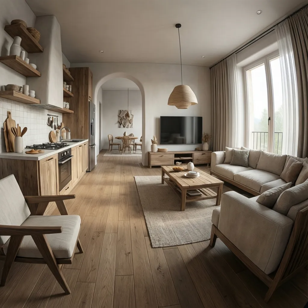 Render 3D realista de diseño interior de vivienda