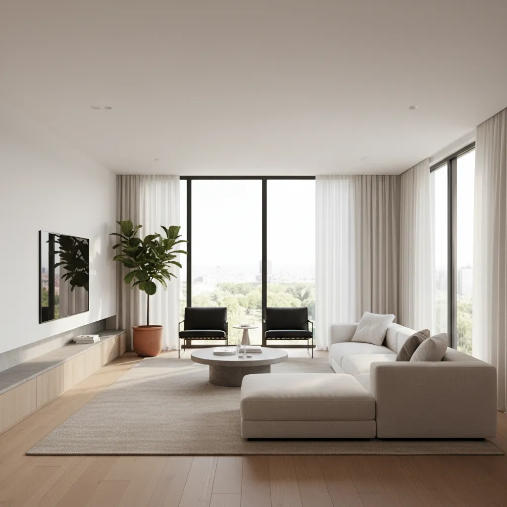 Render realista de salón moderno con distribución equilibrada
