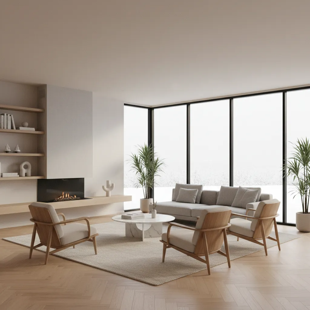 Render realista de salón moderno con diseño escandinavo