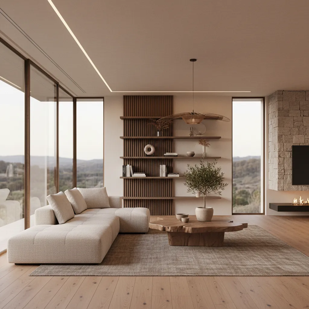 Modern minimalist living room with cream sofa wooden coffee table wall shelves and large windows