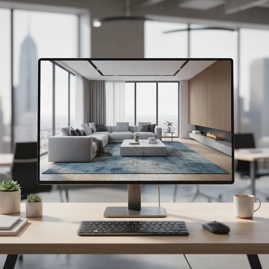Render 3D de un salón moderno mostrado en una pantalla de ordenador
