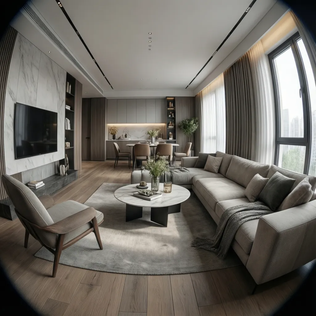 Wide living room view featuring grey sofa marble table wooden floor and dining area background