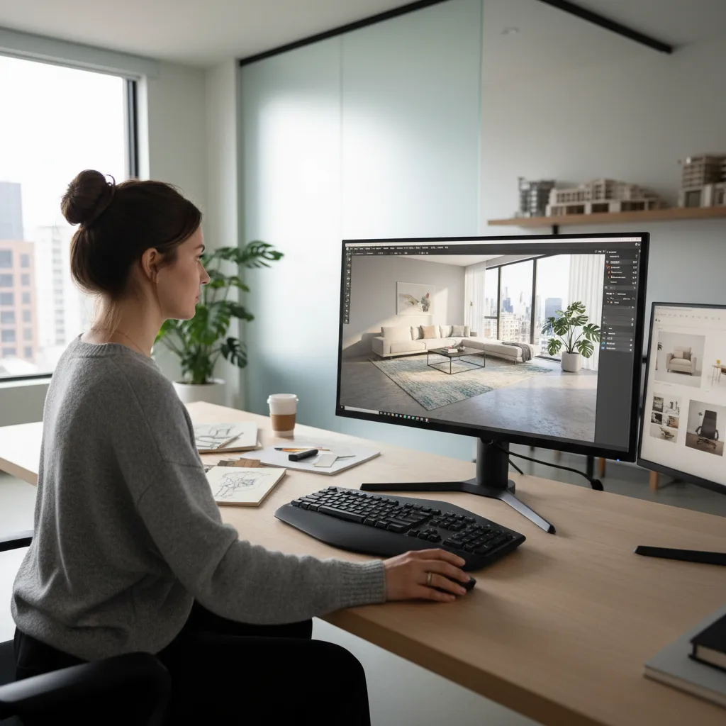 Pantalla mostrando un render 3D de un proyecto de interiorismo