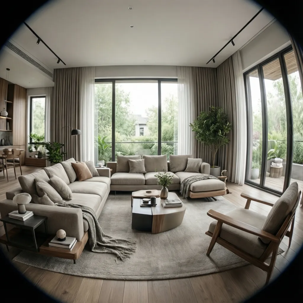 Render 3D de un salón moderno creado por estudiante de interiorismo