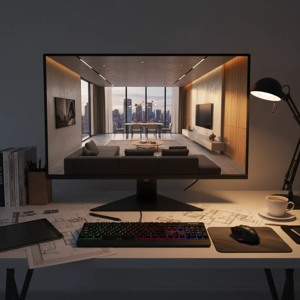 Computer monitor showing interior design drawing of living room with city view on white desk