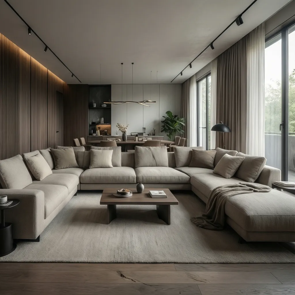 Render realista de salón moderno creado con software de diseño interior
