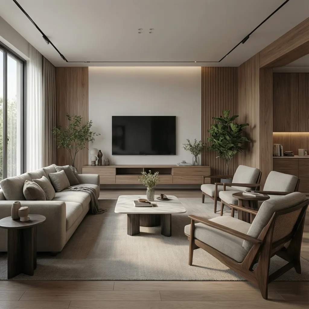 Render realista de un salón moderno creado por estudiante de diseño