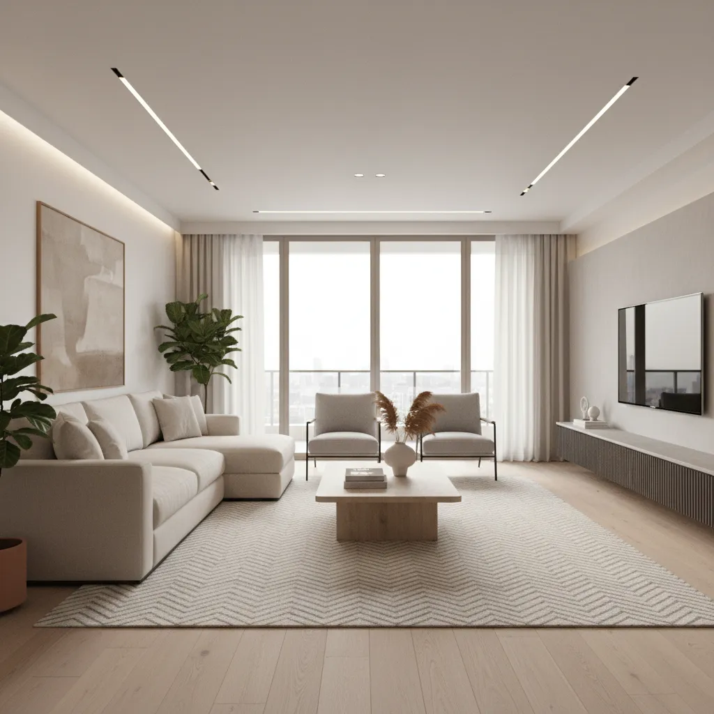 Minimalist living room with beige sofa, wood coffee table, grey chairs, rug, and large windows