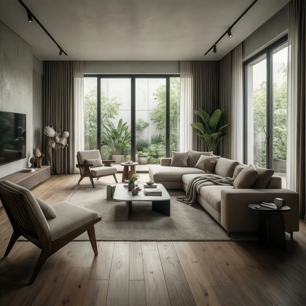 Render realista de salón moderno con luz natural