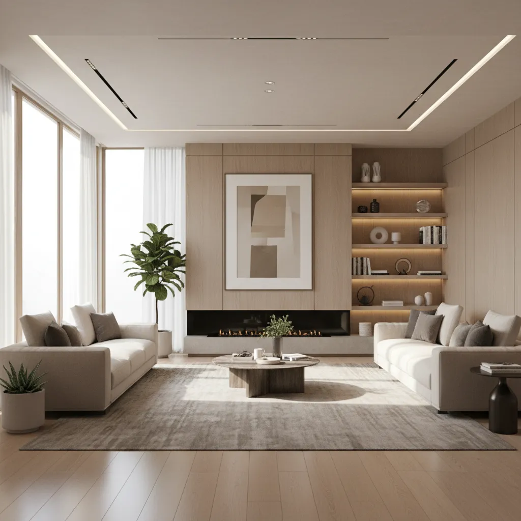Modern living room with two beige sofas coffee table fireplace wooden wall panel and plant