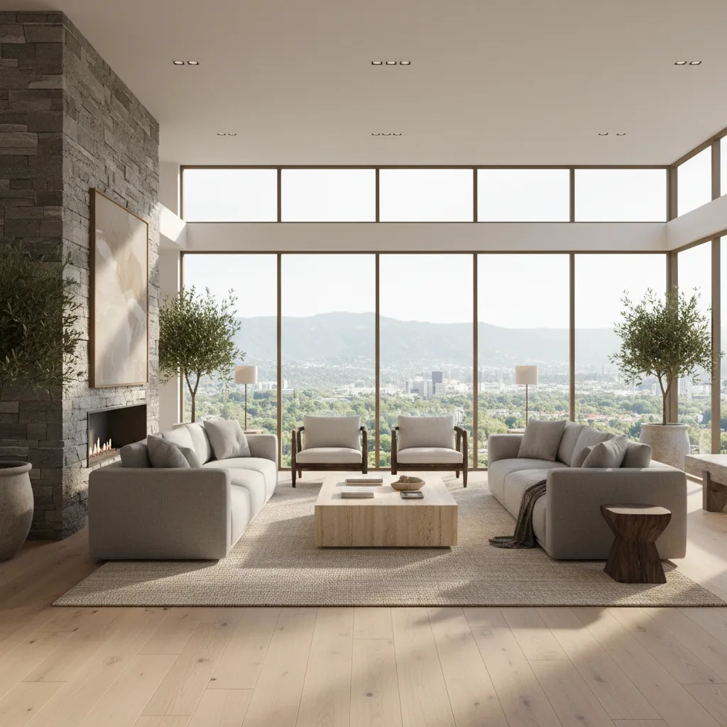 Render realista de salón moderno diseñado digitalmente