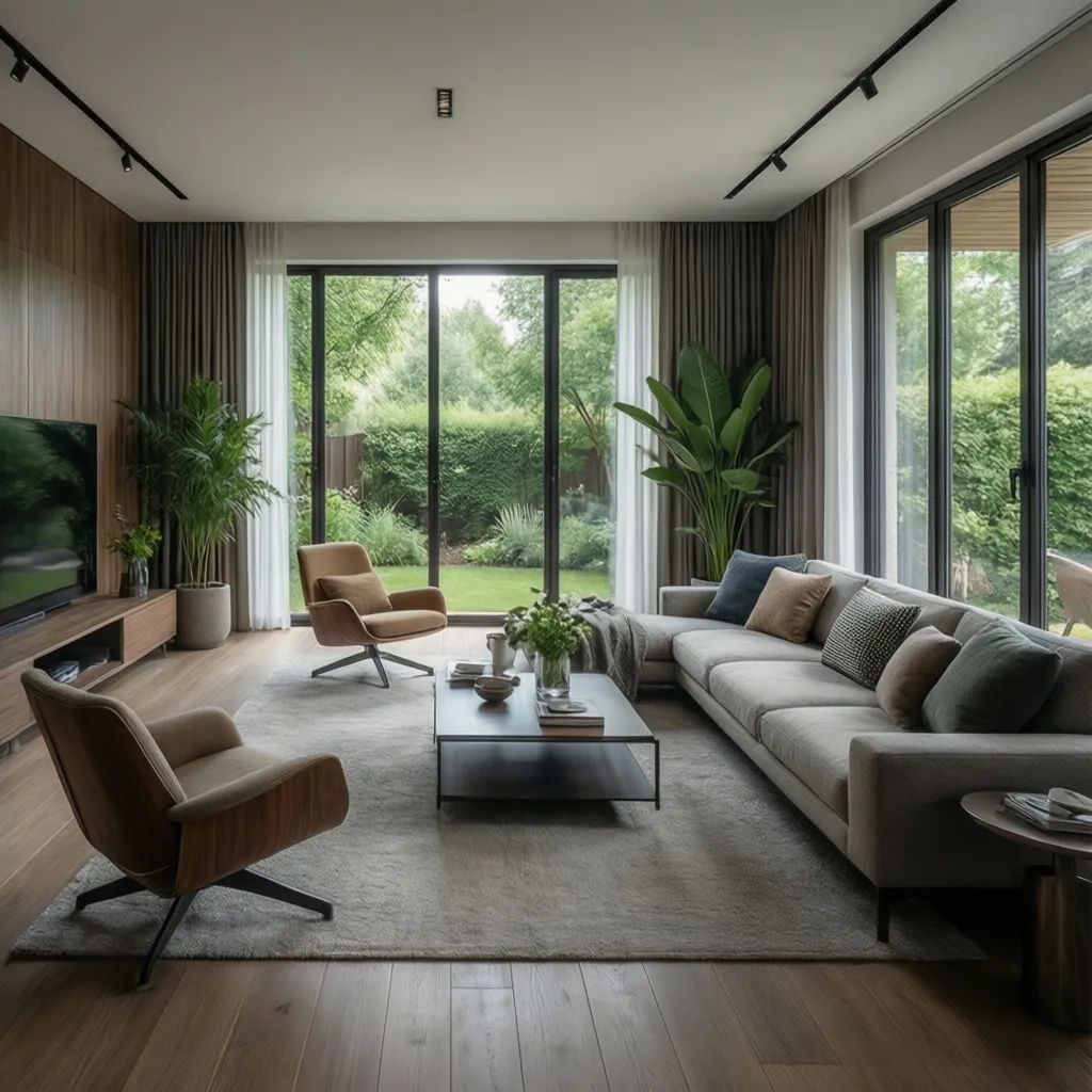 Modern living room with grey sofa brown chairs coffee table wood floor and garden view