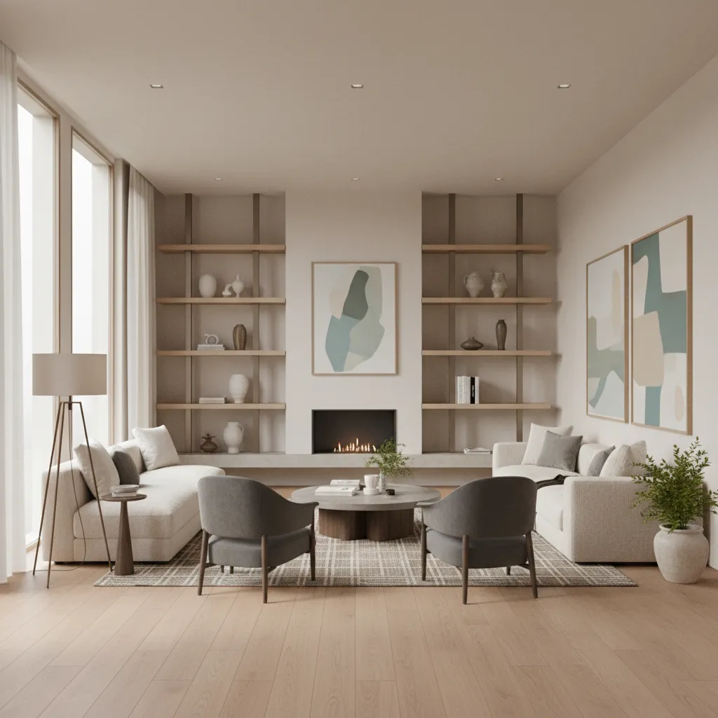 Modern living room with beige sofas grey armchairs wooden coffee table fireplace and abstract art