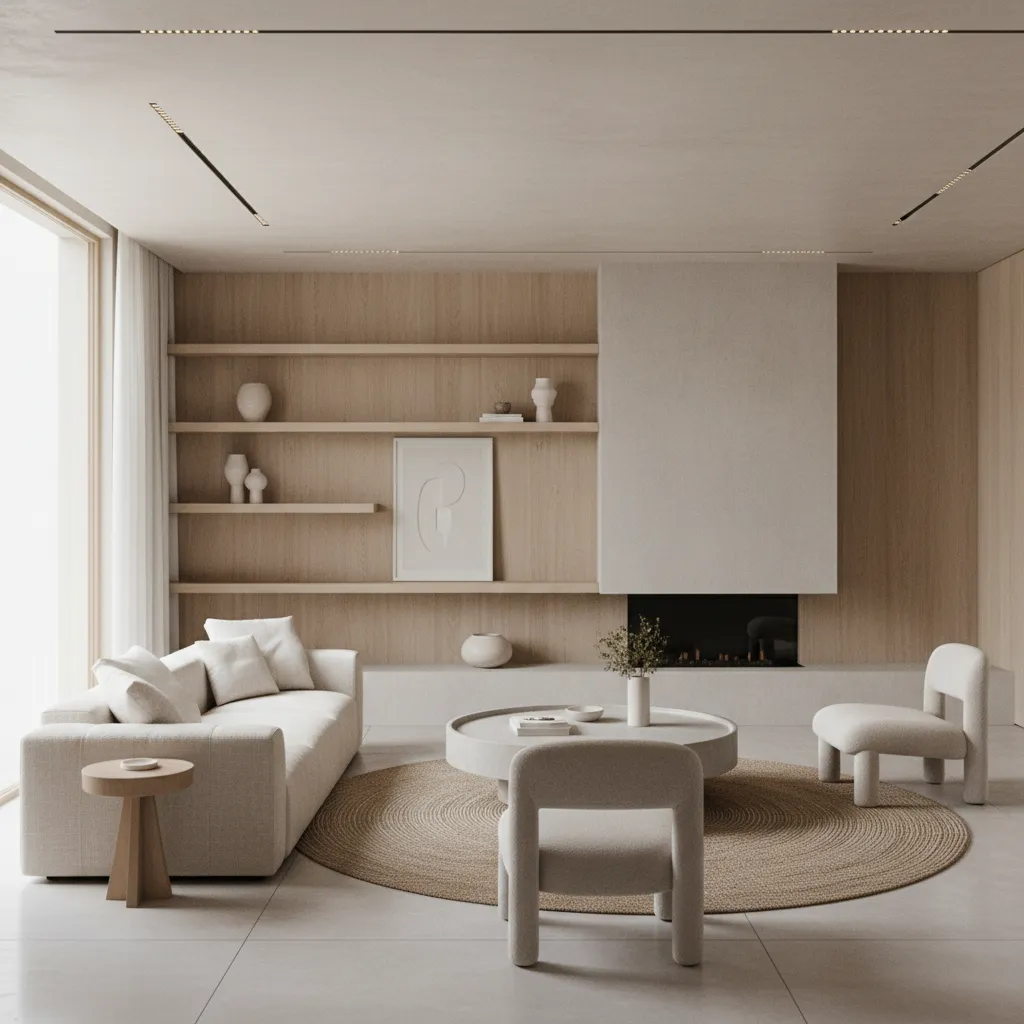 Minimalist living room with beige sofa white fireplace wooden wall shelves and round coffee table