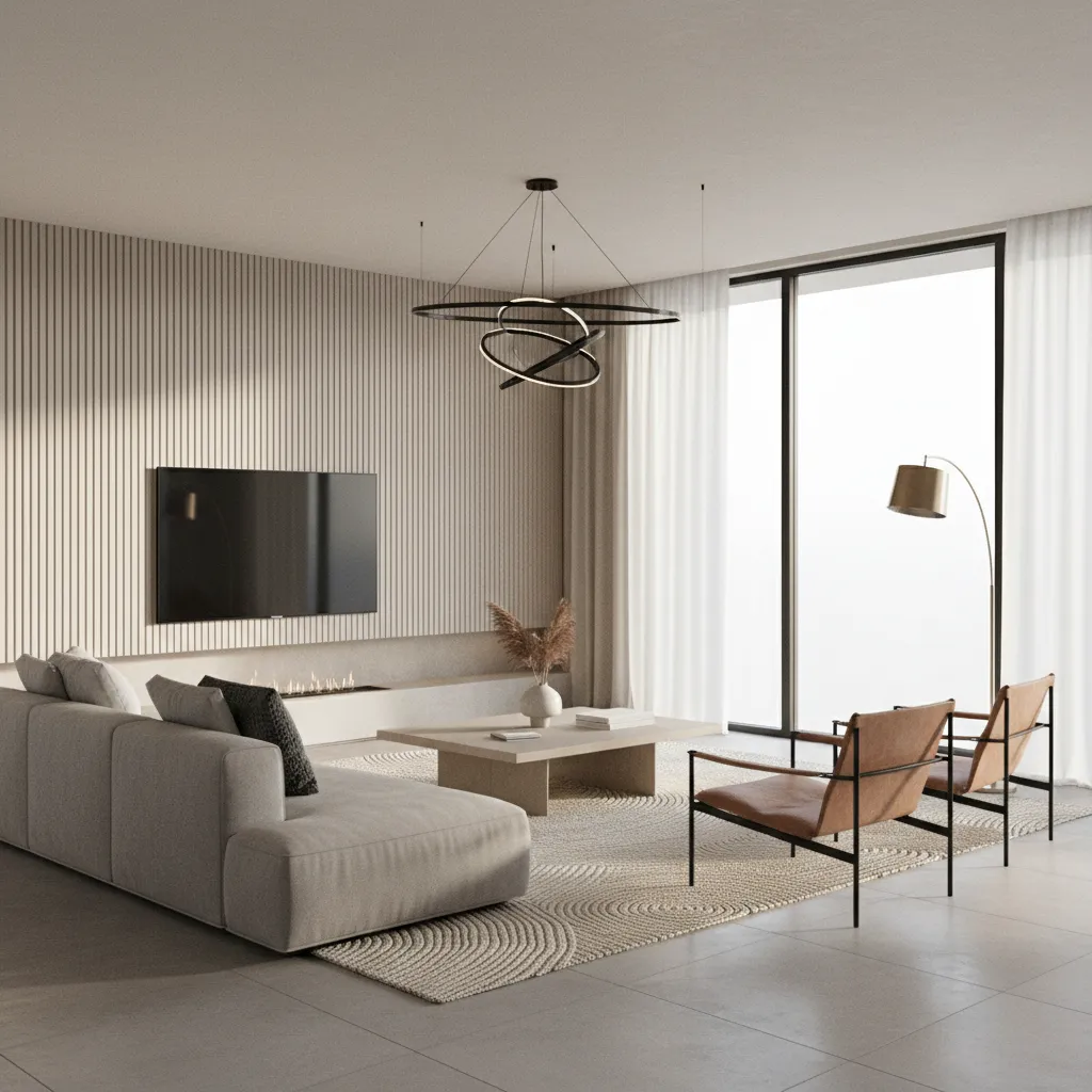 Render 3D realista de un salón diseñado por un estudiante de interiorismo