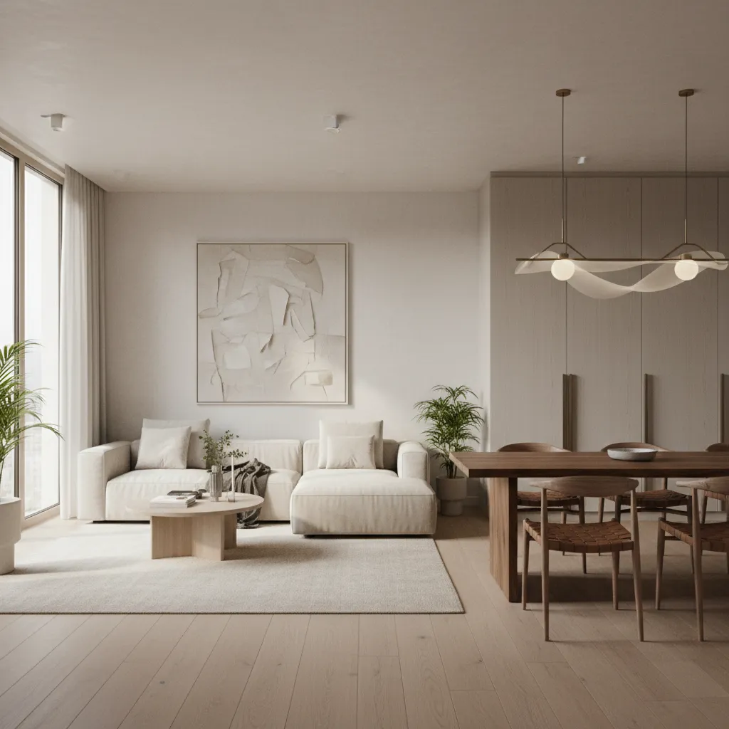 Minimalist living room with beige sofa wooden dining table and a white wavy ceiling light