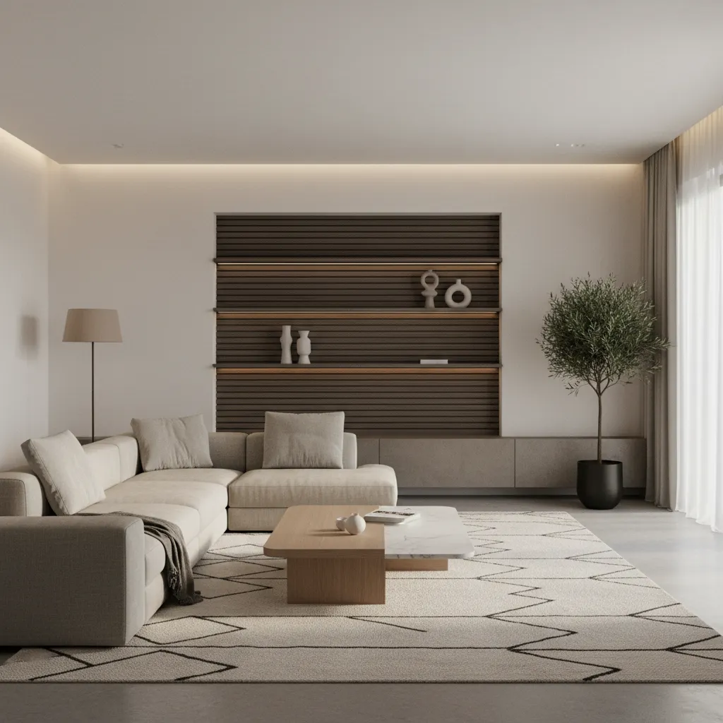 Minimalist living room featuring beige sofa, wooden coffee table, wall panel, rug, and large plant