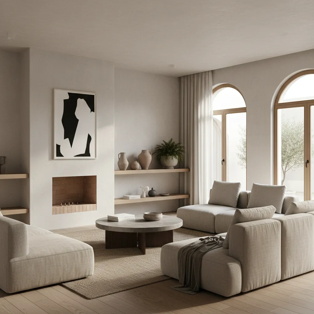 Render realista de un salón moderno diseñado por estudiante de interiorismo