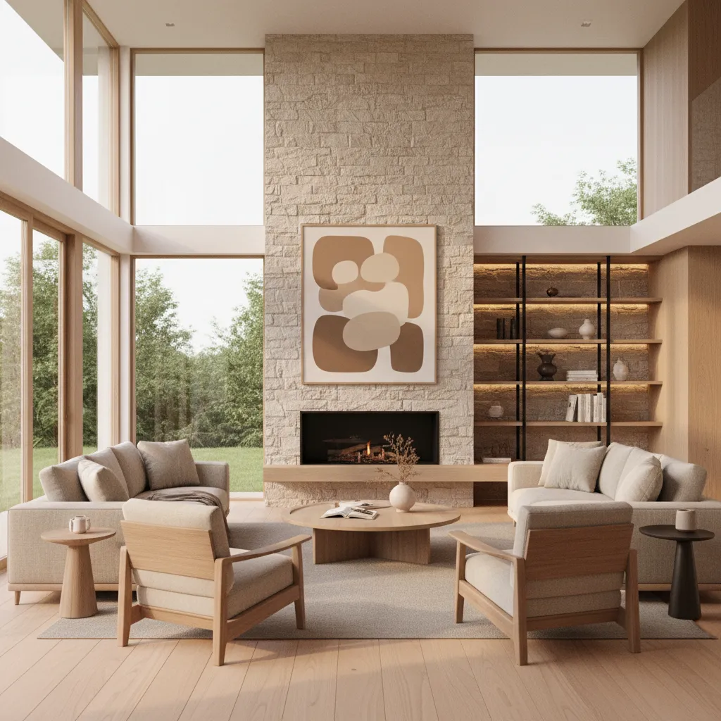 Modern living room with stone fireplace abstract wall art large windows beige sofas coffee table