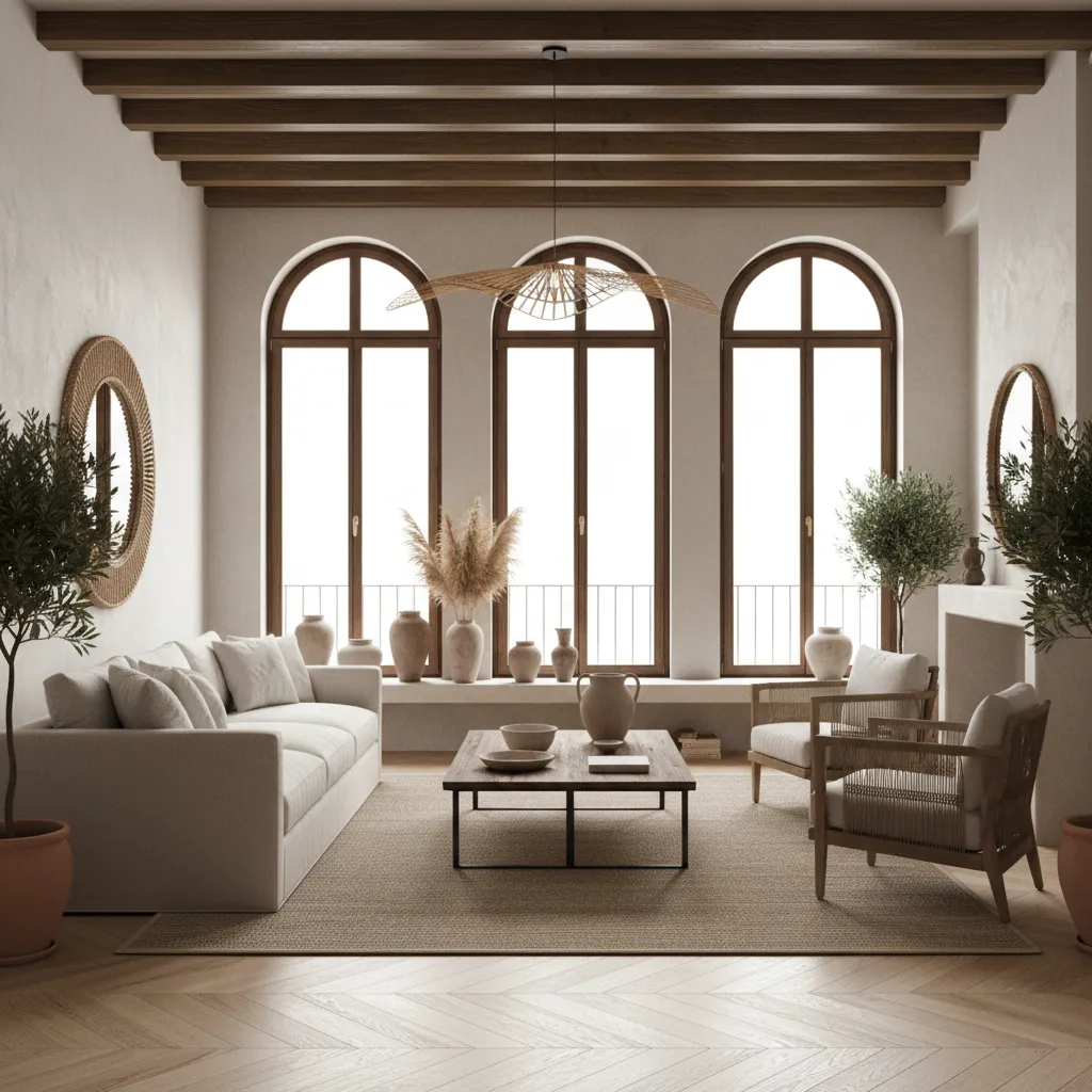 Render realista de un salón moderno diseñado en 3D