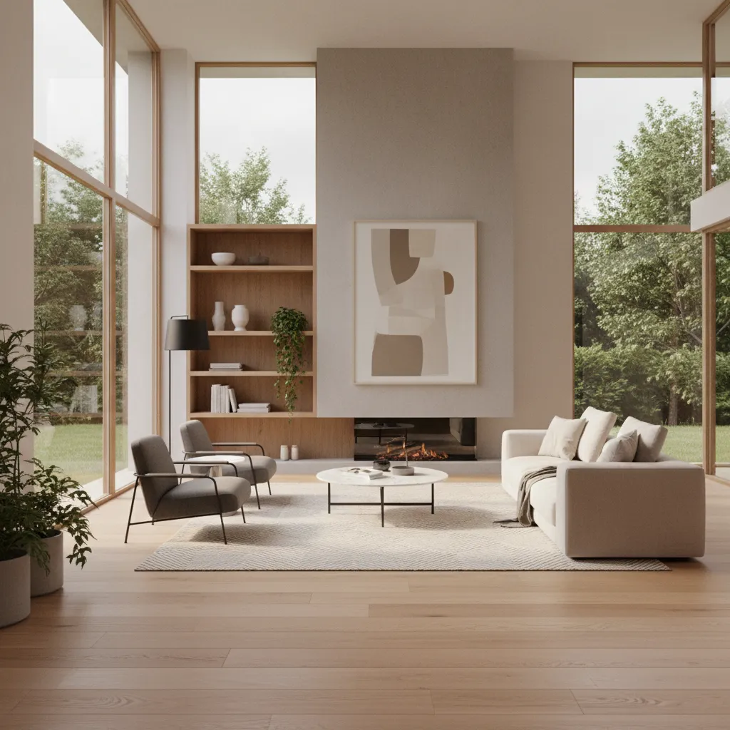 Render realista de un salón moderno con iluminación natural