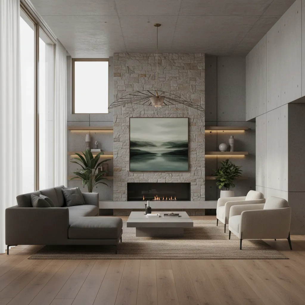 Modern living room featuring grey sofa, white chairs, stone fireplace wall, painting, and ceiling light