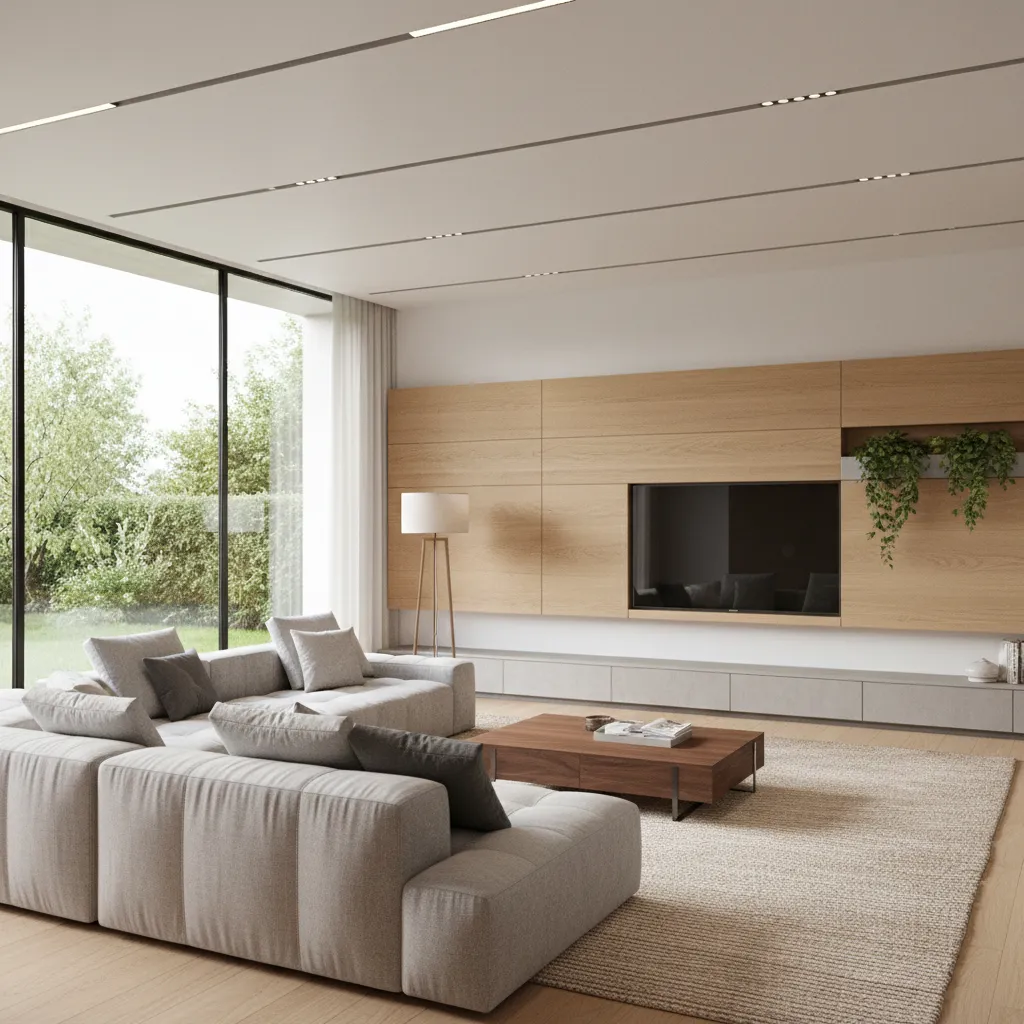 Render realista de un salón moderno diseñado digitalmente