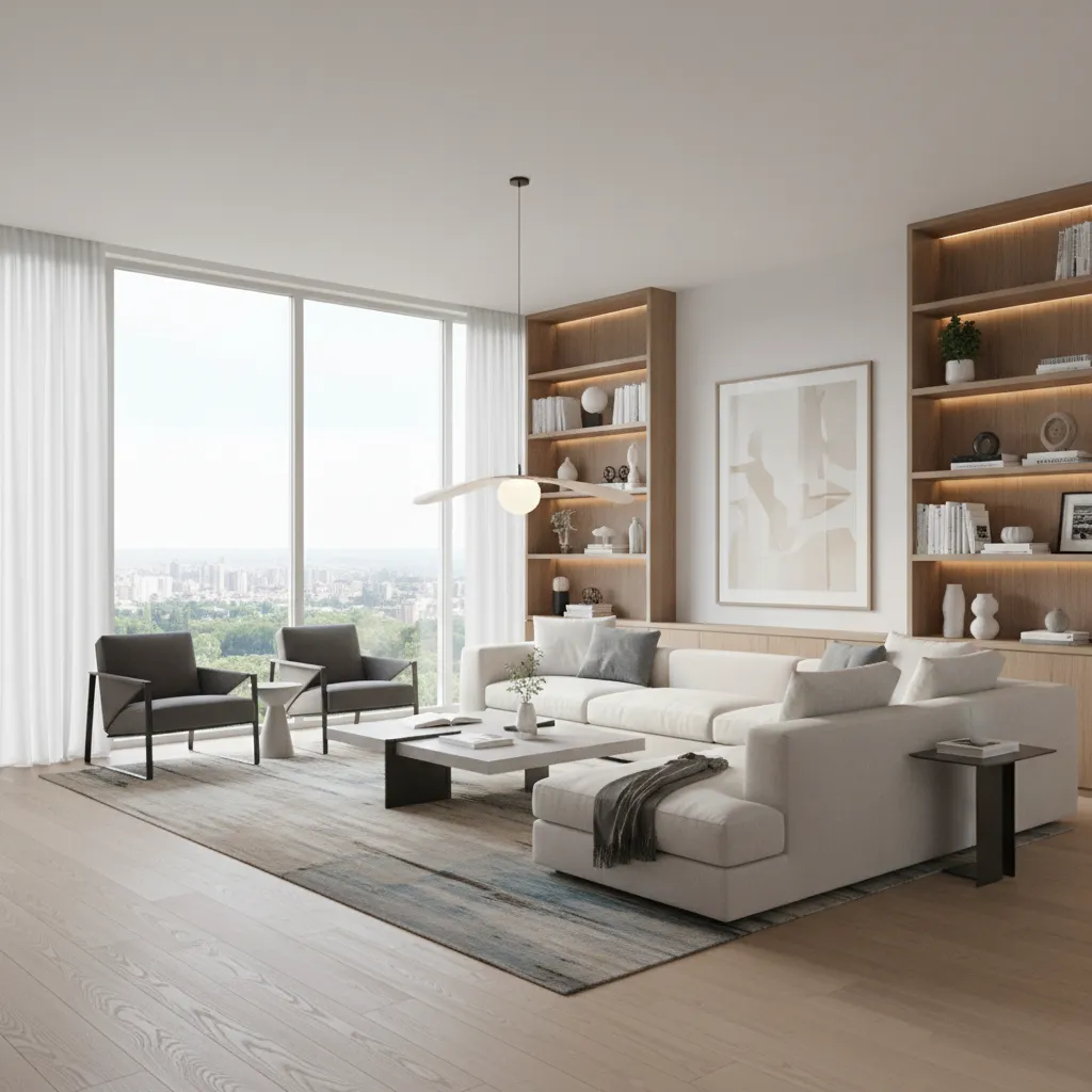 Render fotorrealista de un salón diseñado por estudiantes de interiorismo