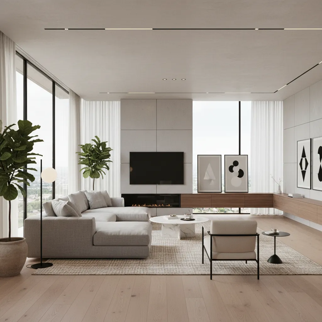 Interior design drawing of modern living room with grey sofa marble coffee table and fireplace