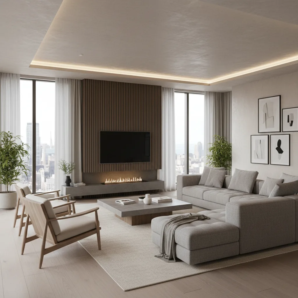 Render realista de salón moderno diseñado por interiorista