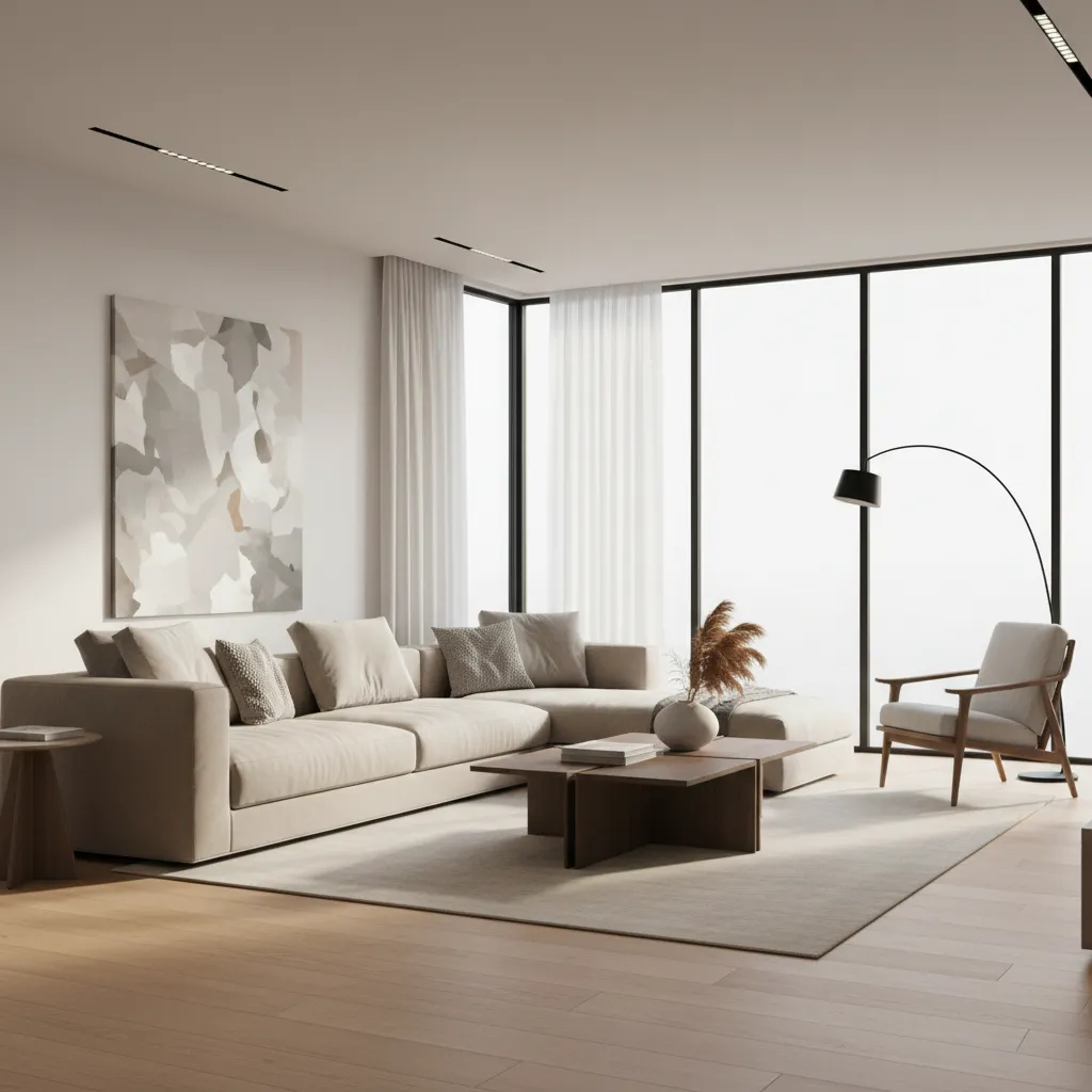 Render realista de un salón moderno diseñado en 3D