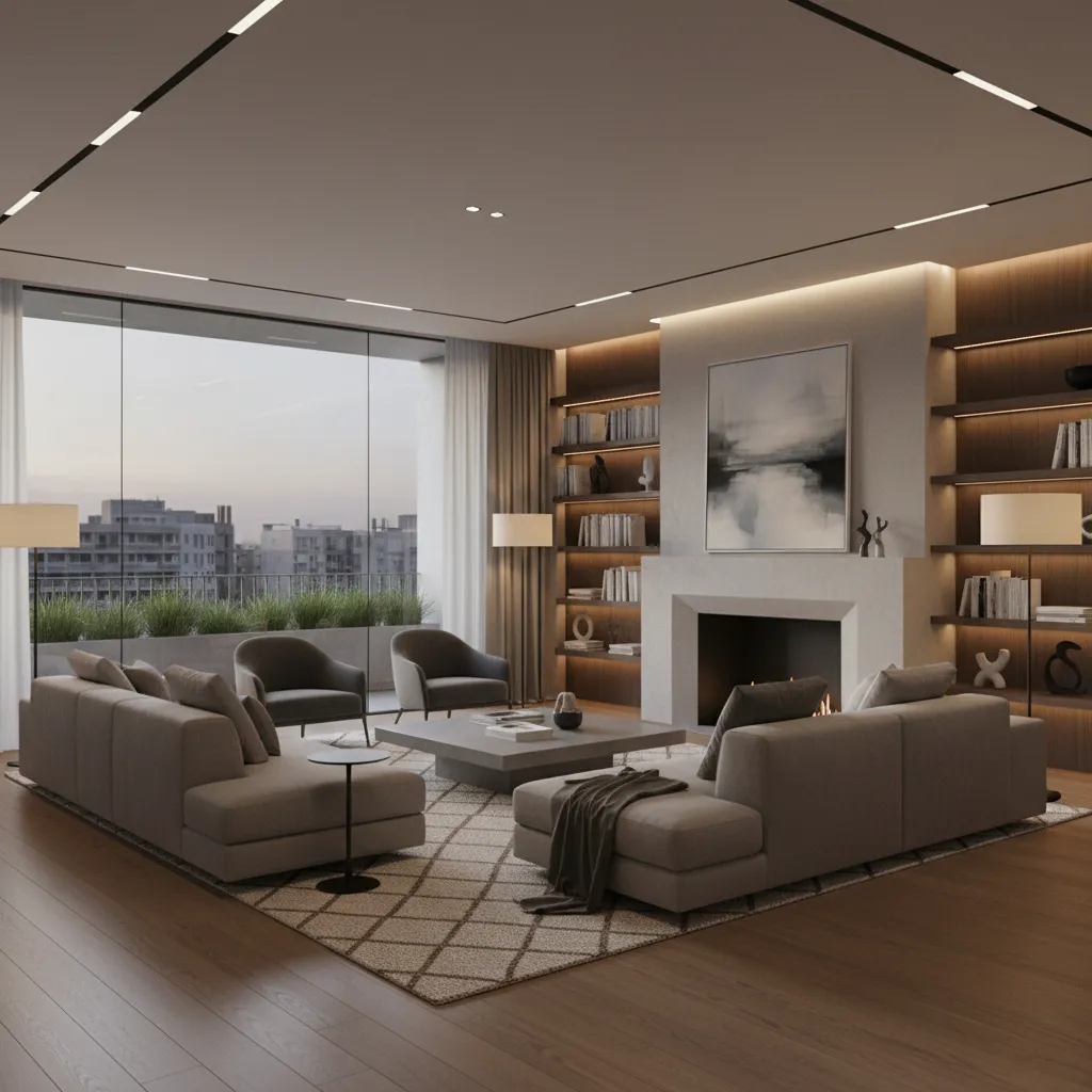 Render realista de salón moderno diseñado por interiorista