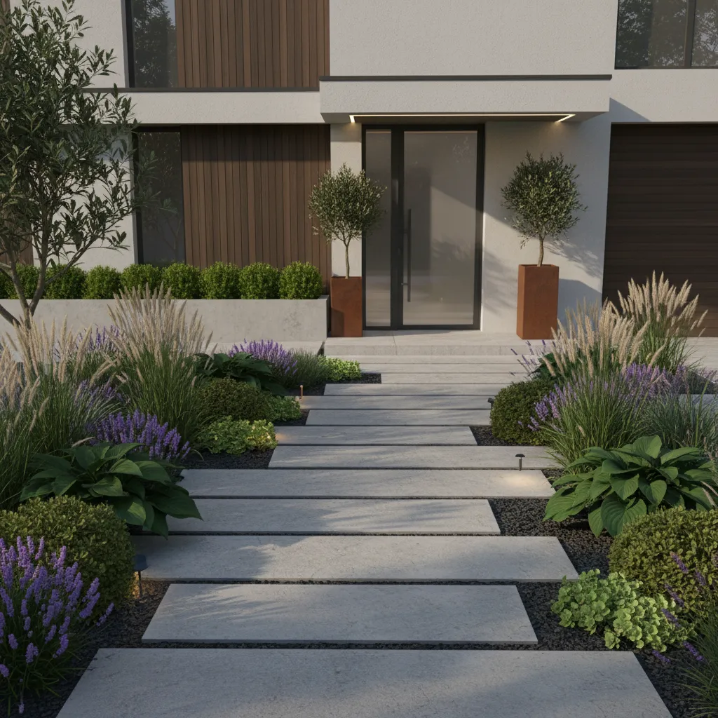 Visualización 3D de un diseño de jardín frontal pequeño