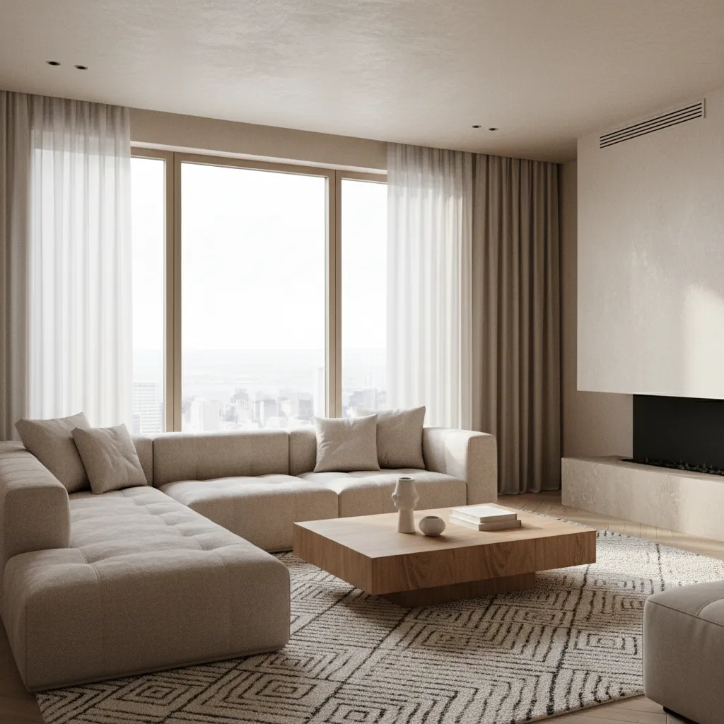 Render realista de living moderno diseñado digitalmente
