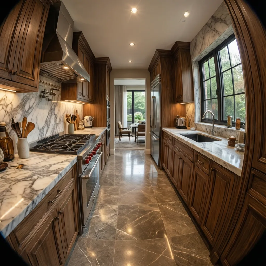 Render interior mostrando materiales realistas en cocina moderna