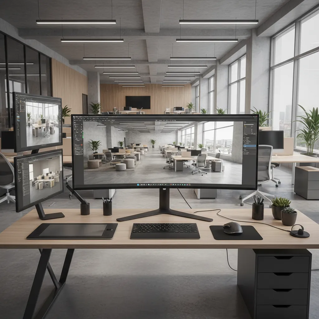 Render 3D de diseño de oficina en pantalla de ordenador