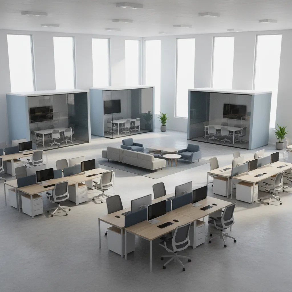 Render 3D de planificación de oficina antes de la reforma