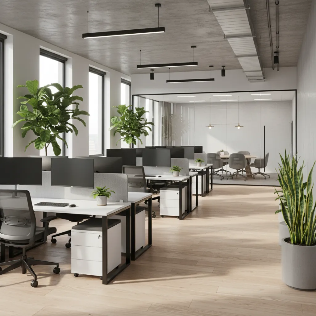 Render realista de una oficina corporativa con iluminación natural