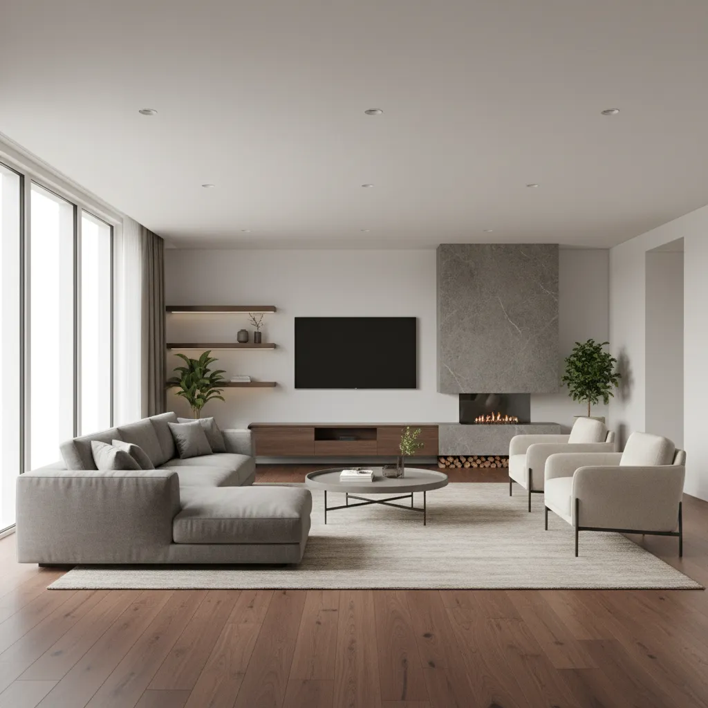 Render 3D de una sala moderna utilizado para planificar la composición fotográfica
