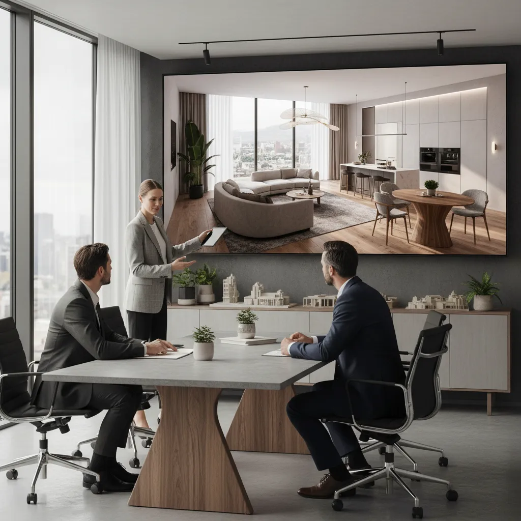 Diseñador mostrando render de interior a un cliente en una reunión