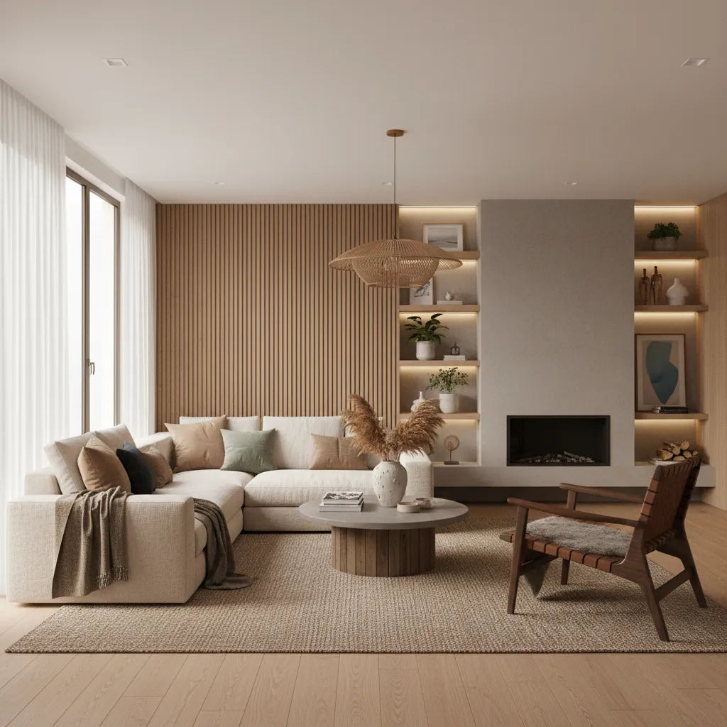 Modern living room with cream sofa wood wall panel fireplace and shelves with green plants
