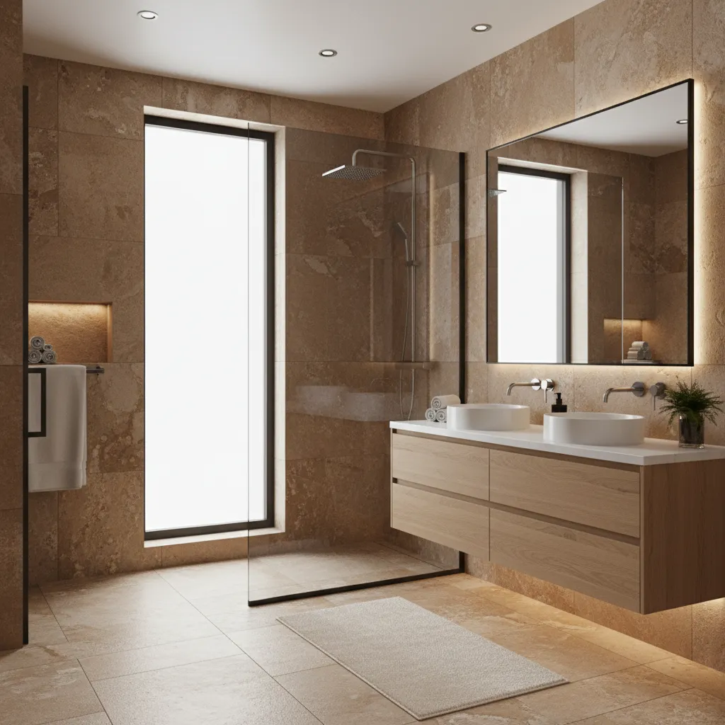 Render realista de baño moderno con iluminación natural