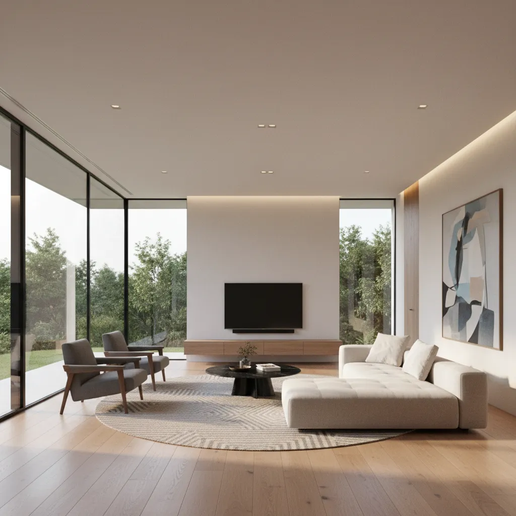 Render fotorrealista de una sala de estar moderna diseñada en 3D