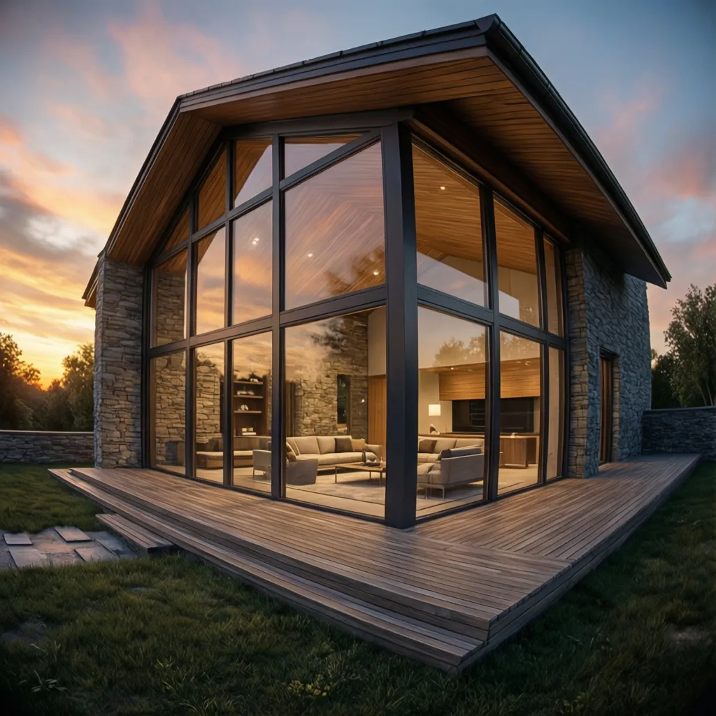 Modern stone house with large glass windows and wooden deck during a beautiful orange sunset
