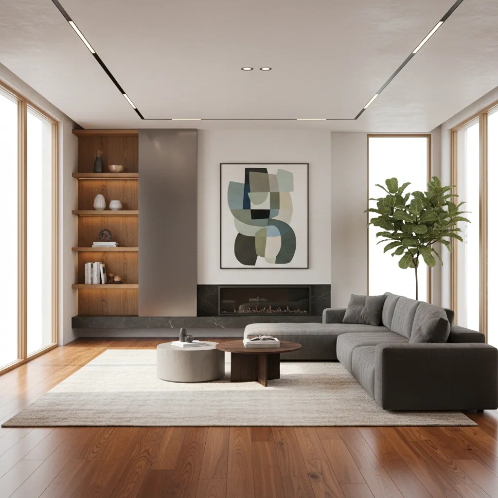 Modern living room with grey sofa white rug wooden floor wall art and wooden shelves