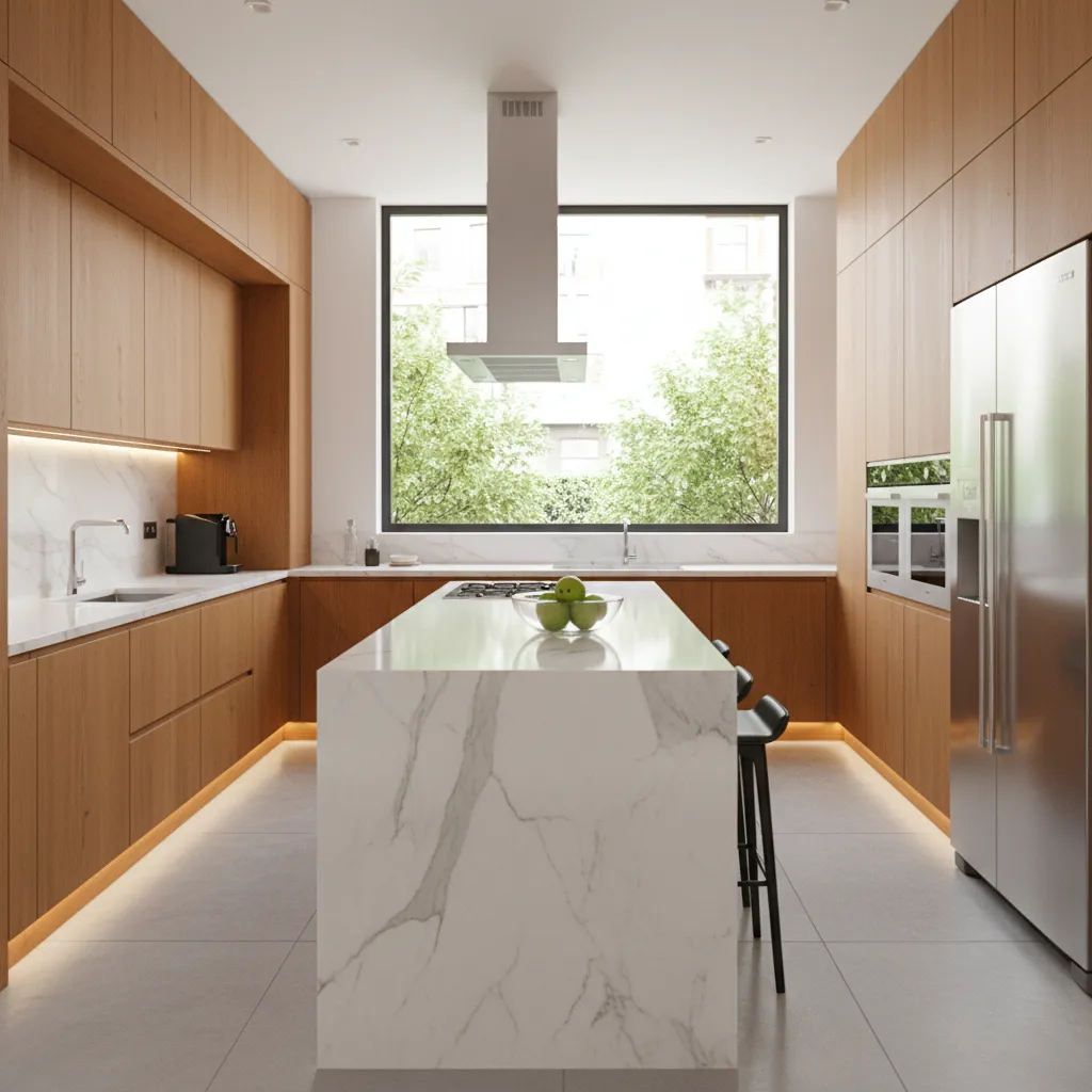 Modern kitchen with wood cabinets a white marble island and a large window with trees