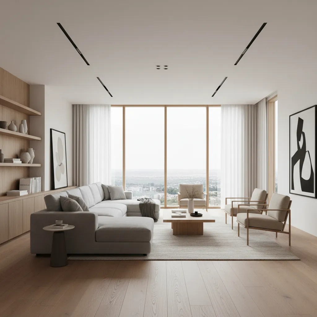 Minimalist living room featuring grey sectional sofa, wooden floor, large windows, and simple wall art