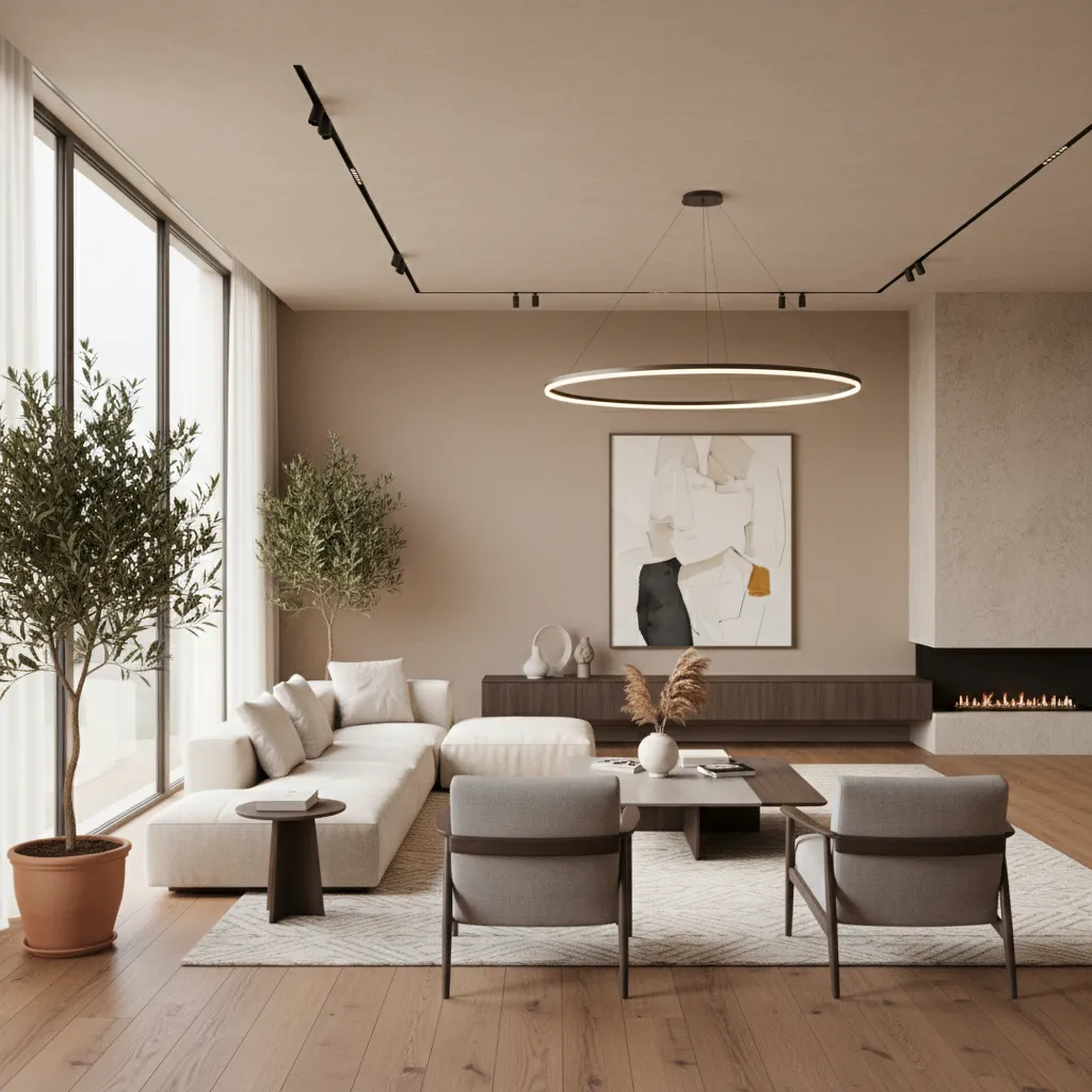 Render realista de salón moderno generado con software de diseño