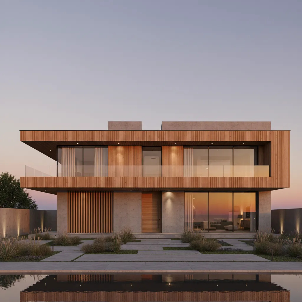 Render realista de fachada de casa moderna al atardecer