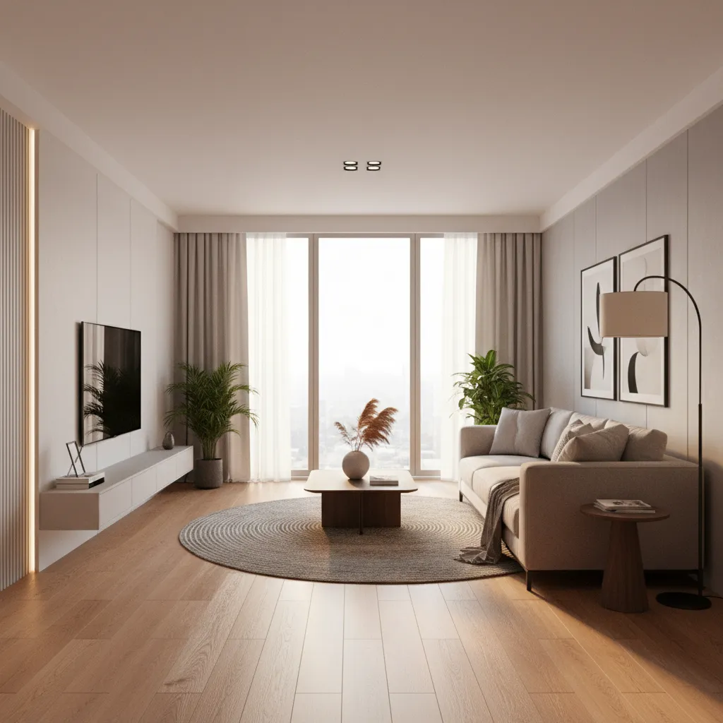 Render 3D realista de un salón moderno antes de la reforma